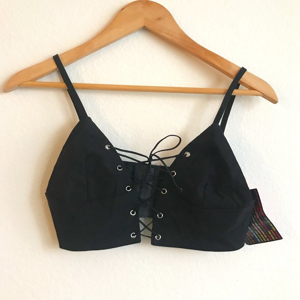 NWT omighty Black Lace Up Bralette Crop Top Adjustable Straps Size S Small